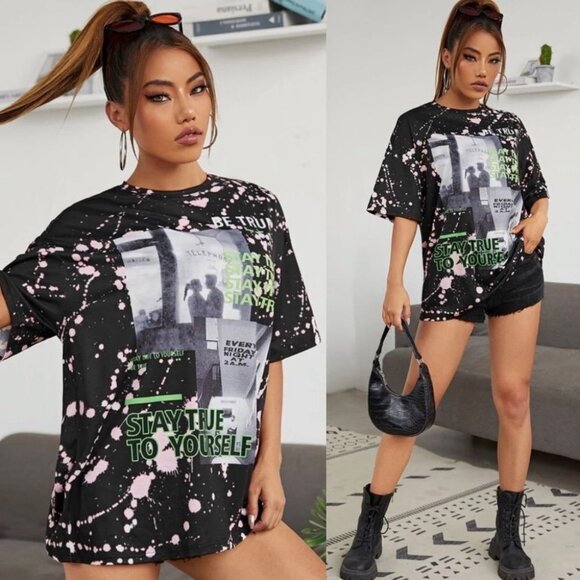 Shein Stay True Yourself Paint Splatter Tie Dye Oversized‎ Tee Black Top Size 6 - Picture 2 of 8